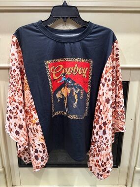 Cowboy Graphic Kids Top with Leopard-Print Sleeves - Black & Brown